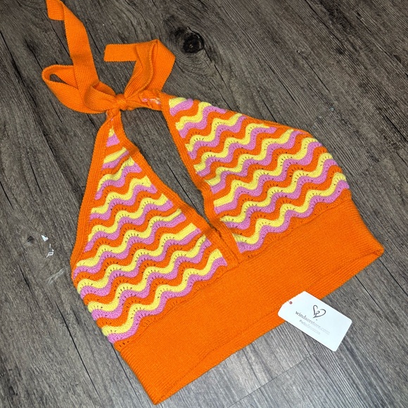 Windsor Tops - Summer Striped Crochet Halter Crop Top NWT Windsor Sz M Some Stretch Boho Hip